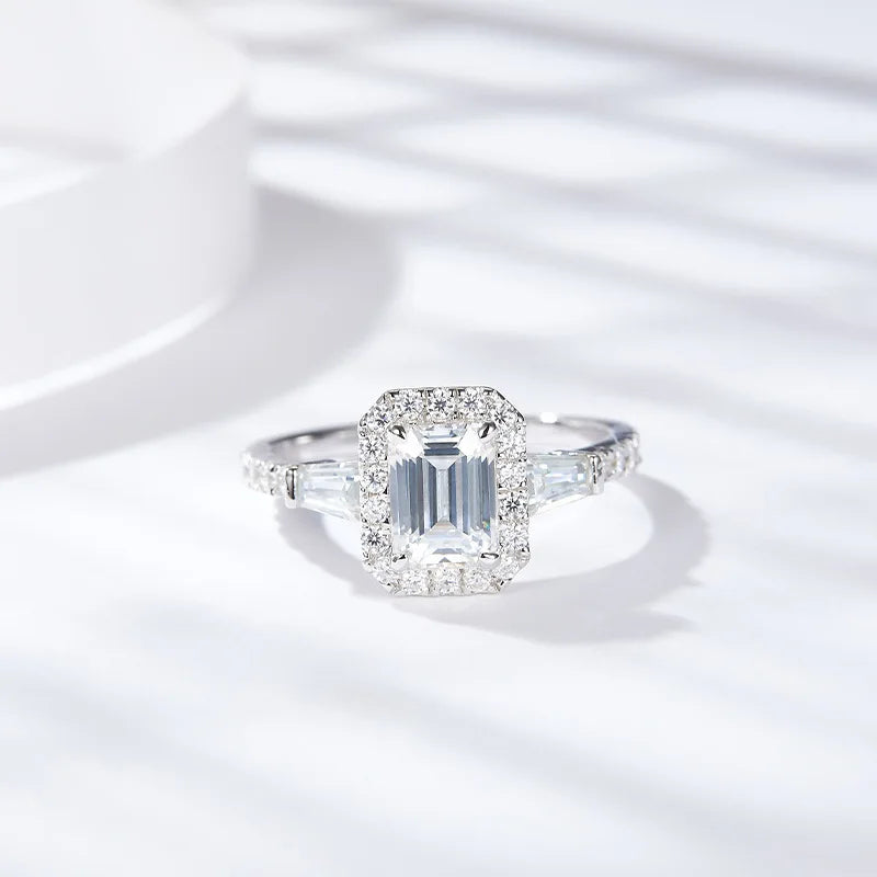 Moissanite Ring - Emerald Cut with Halo 1.78 carat