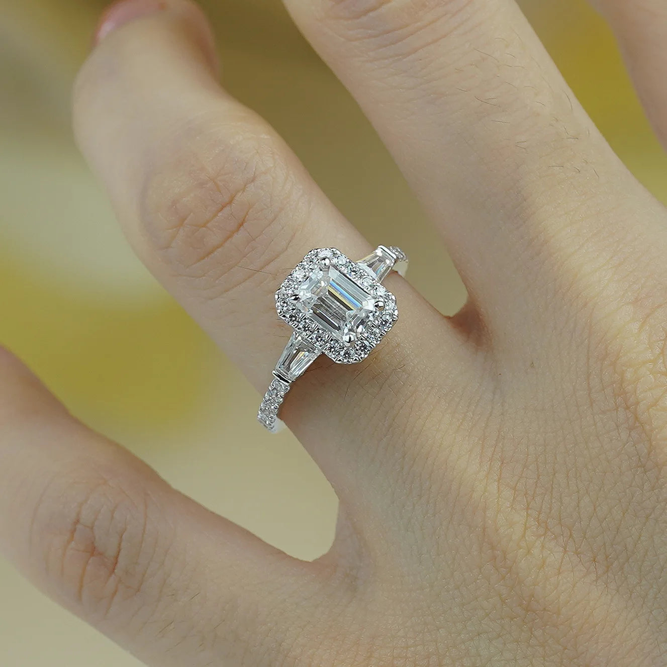 Moissanite Ring - Emerald Cut with Halo 1.78 carat