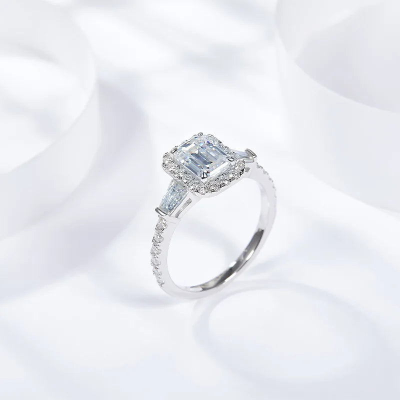 Moissanite Ring - Emerald Cut with Halo 1.78 carat