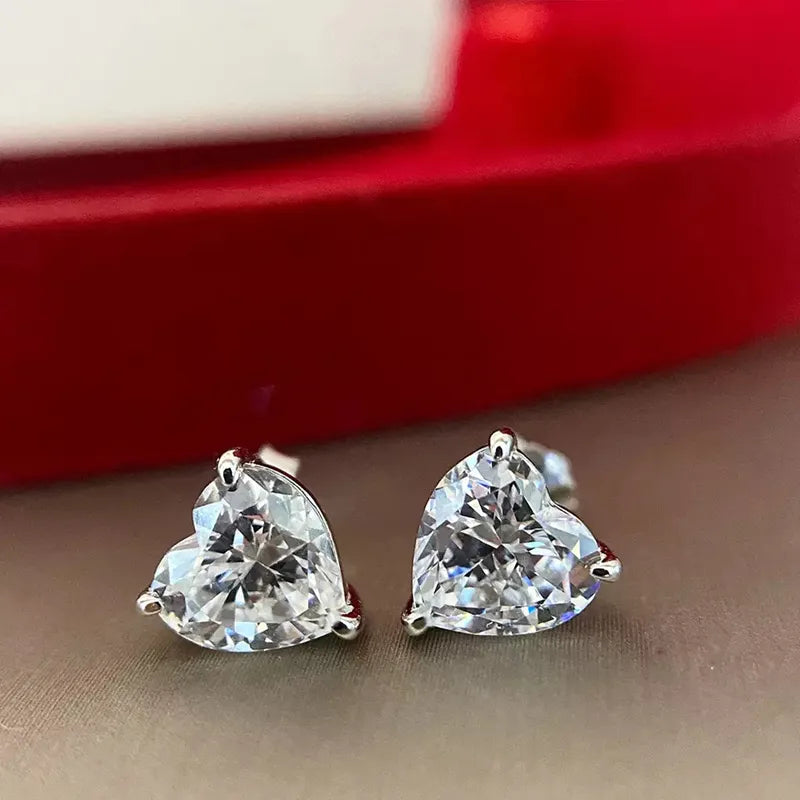 Moissanite Earrings - Heart Design Studs - 2 Carat