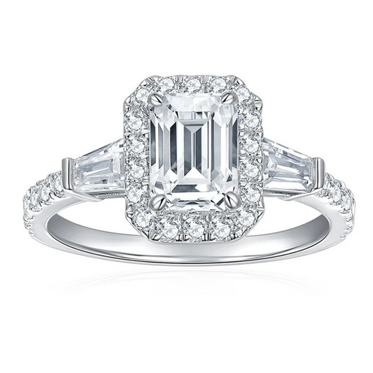 Moissanite Ring - Emerald Cut with Halo 1.78 carat