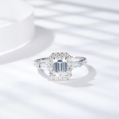 Moissanite Ring - Emerald Cut with Halo 1.78 carat