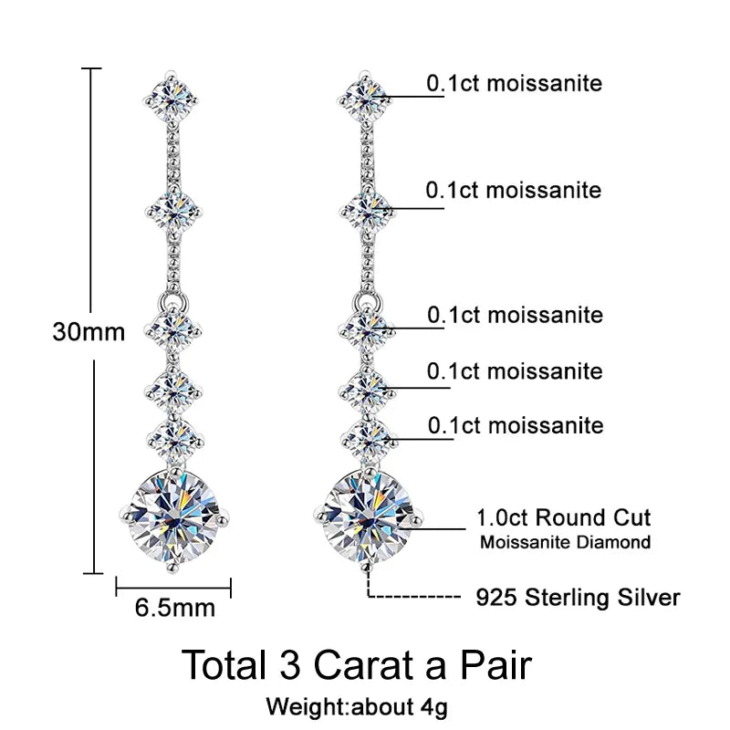 Moissanite Earrings - Long Tassel Ear Drops Design - 3 Carat