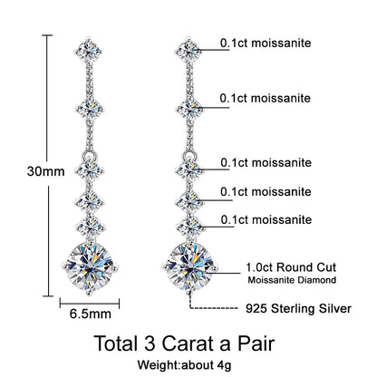 Moissanite Earrings - Long Tassel Ear Drops Design - 3 Carat