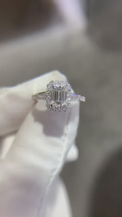 Moissanite Ring - Emerald Cut with Halo 1.78 carat